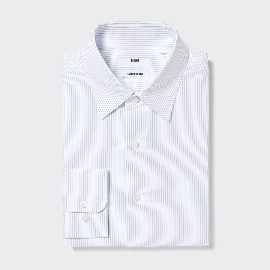 blaues uniqlo super non iron regular fit streifenhemd mit normalem kragen für herren