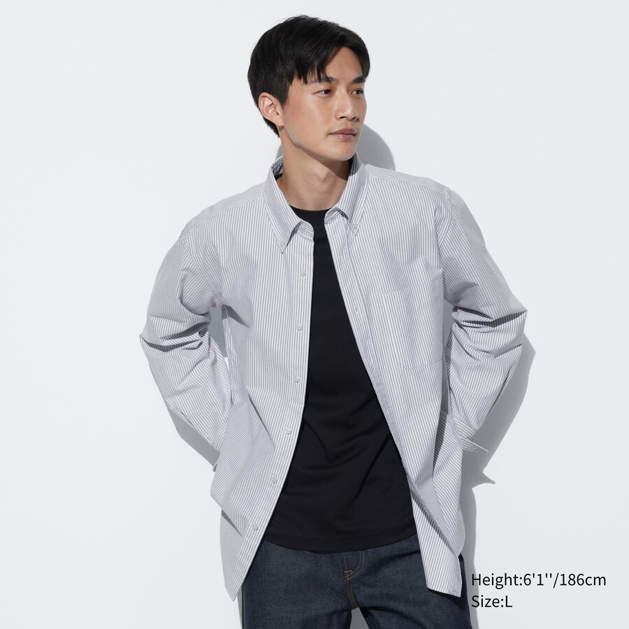 graue uniqlo herrenhemden mit streifenmuster oxford-stil und normalem kragen reguläre passform