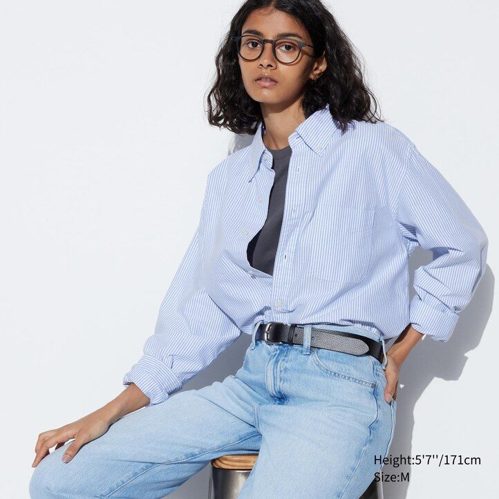 graue uniqlo herrenhemden mit streifenmuster oxford-stil und normalem kragen reguläre passform