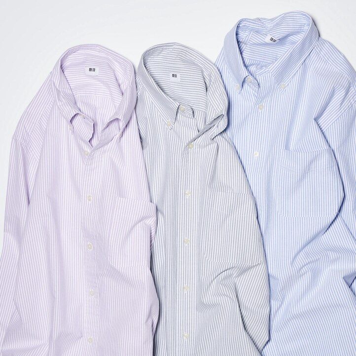 graue uniqlo herrenhemden mit streifenmuster oxford-stil und normalem kragen reguläre passform