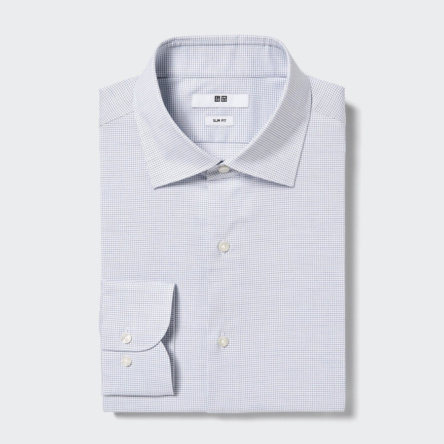 uniqlo easyre stretch slim fit herrenhemd mit karomuster und halboffenem kragen blau