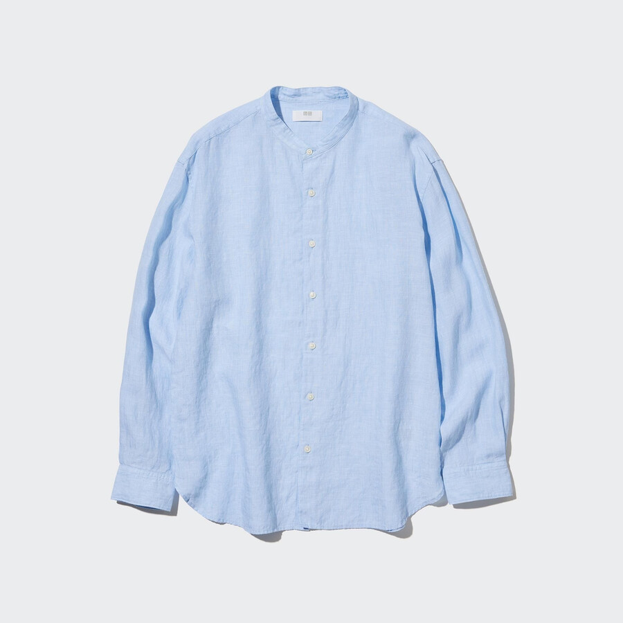 uniqlo herren-t-shirt aus 100 premium-leinen mit normaler passform und stehkragen blau