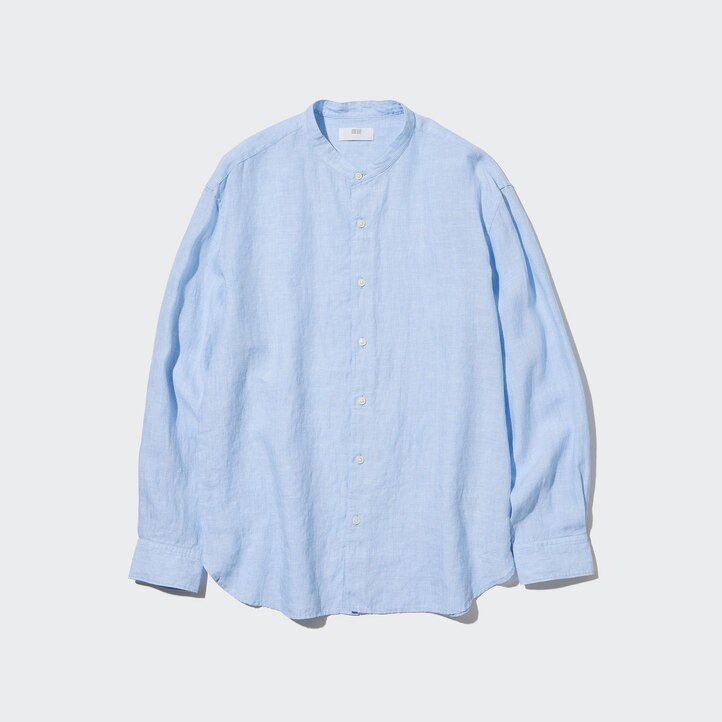 uniqlo herren-t-shirt aus 100 premium-leinen mit normaler passform und stehkragen blau