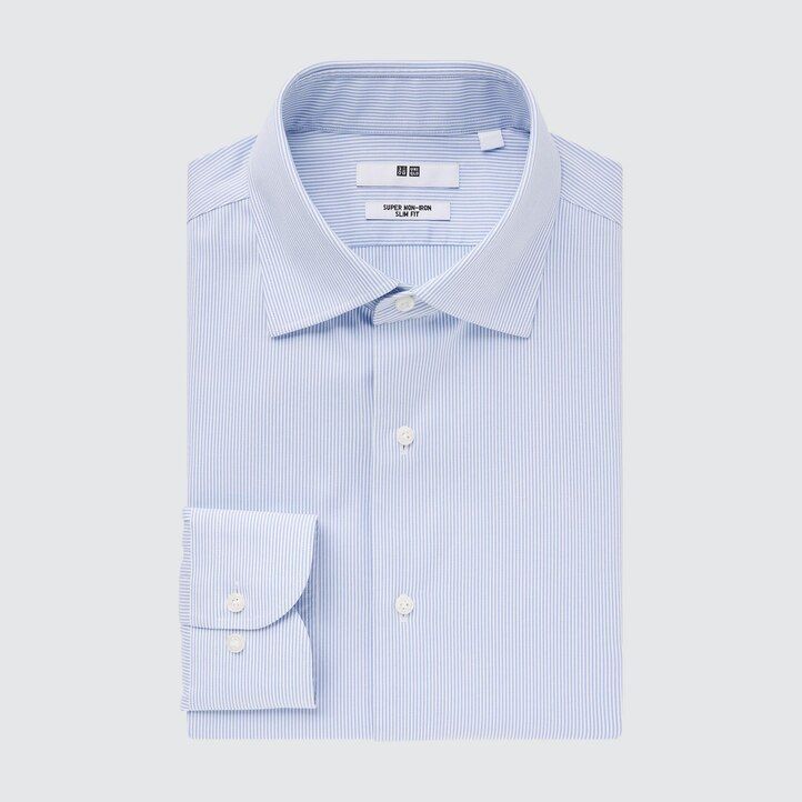 uniqlo herrenhemd bügelfrei schmal geschnitten gestreift mit halboffenem kragen blau