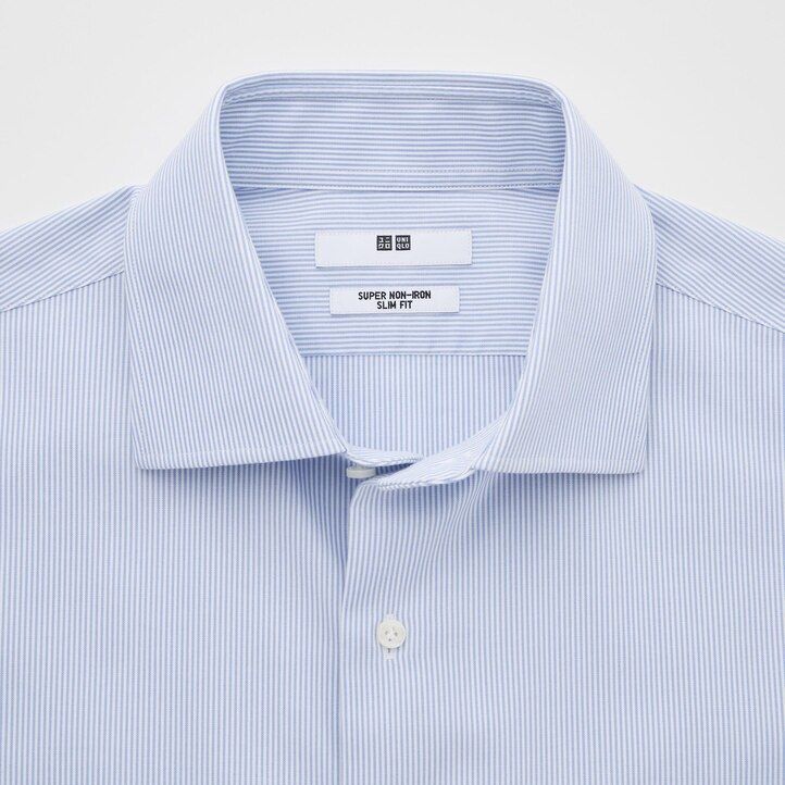 uniqlo herrenhemd bügelfrei schmal geschnitten gestreift mit halboffenem kragen blau