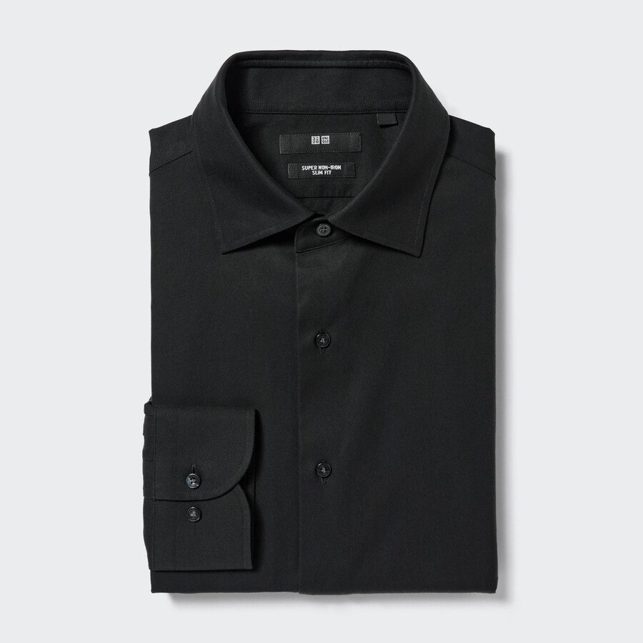 schwarzes uniqlo super non iron slim fit t-shirt mit halbgeschnittenem kragen herrenhemd
