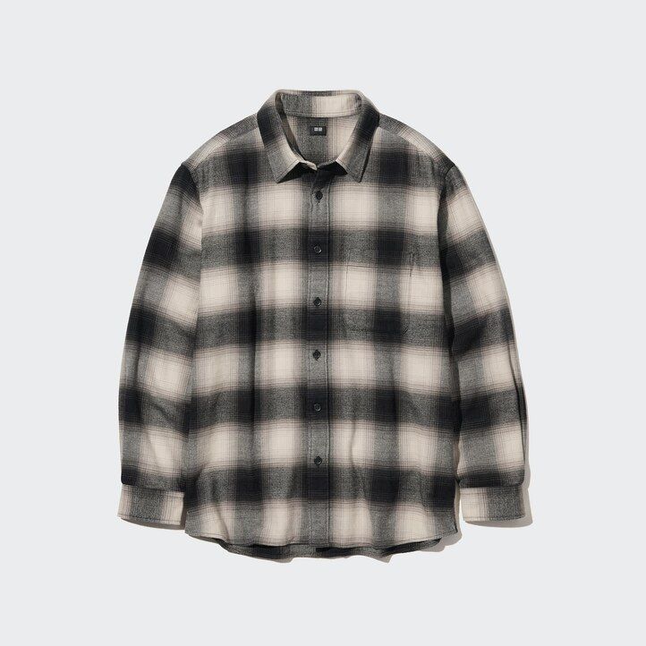 schwarzes uniqlo herren-flanellhemd mit karomuster regulärer passform und normalem kragen