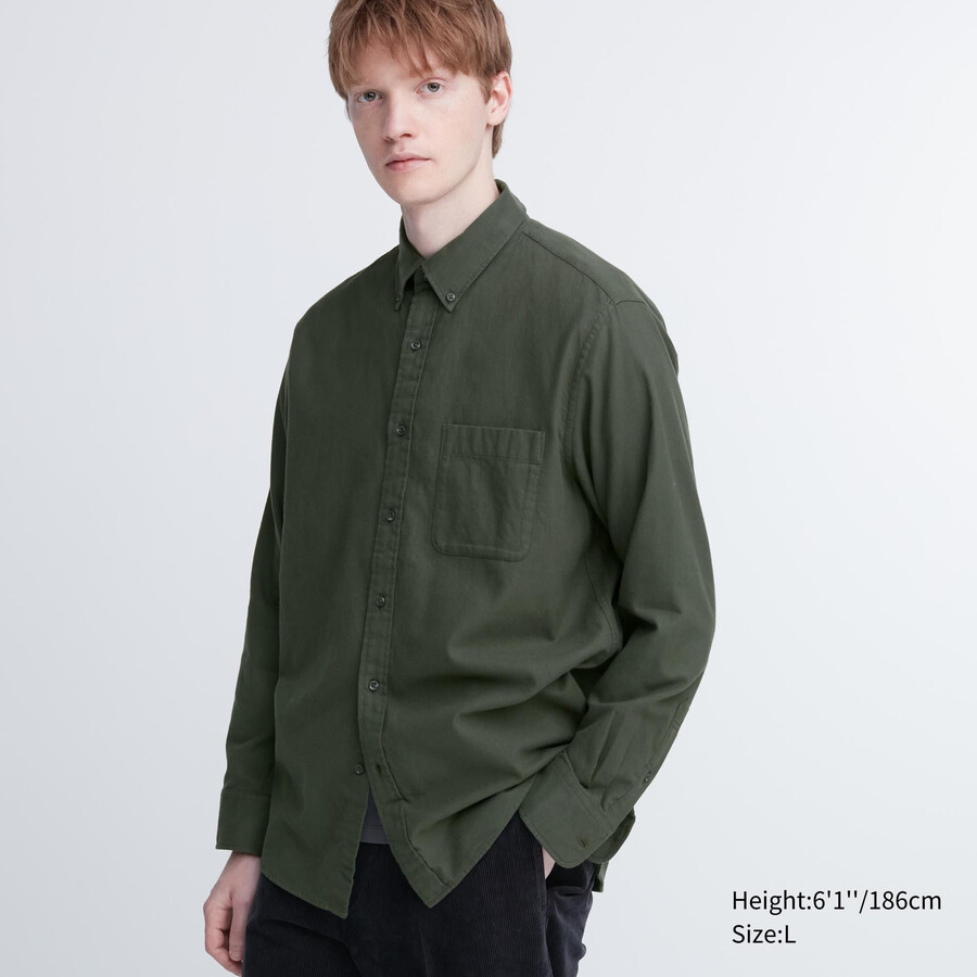 uniqlo flanell-t-shirt mit regulärer passform herrenhemden olivgrün