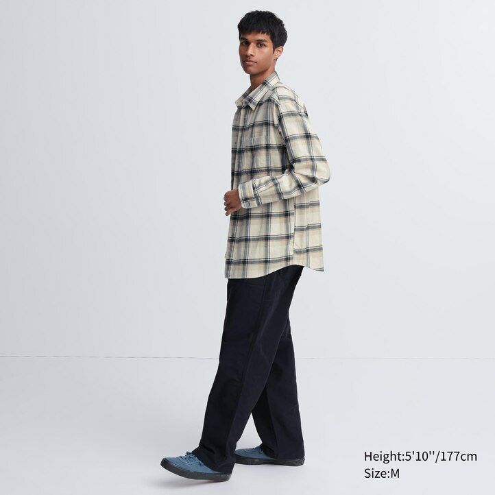 uniqlo herren-flanellhemd reguläre passform kariert normaler kragen beige