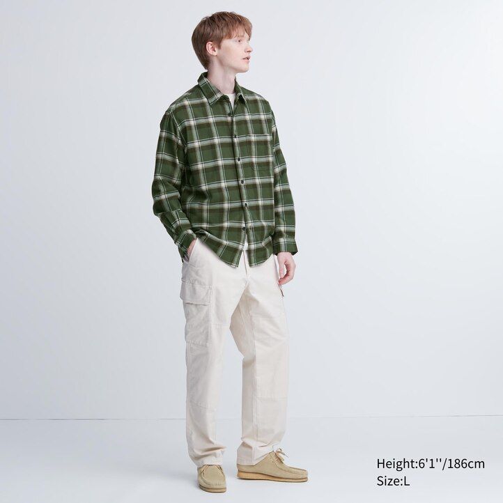 uniqlo herren-flanellhemd reguläre passform kariert normaler kragen beige
