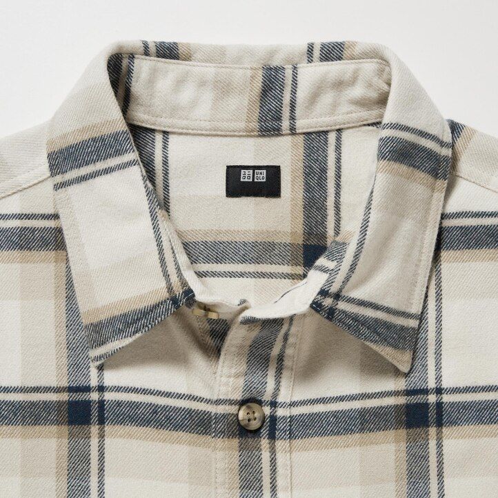 uniqlo herren-flanellhemd reguläre passform kariert normaler kragen beige