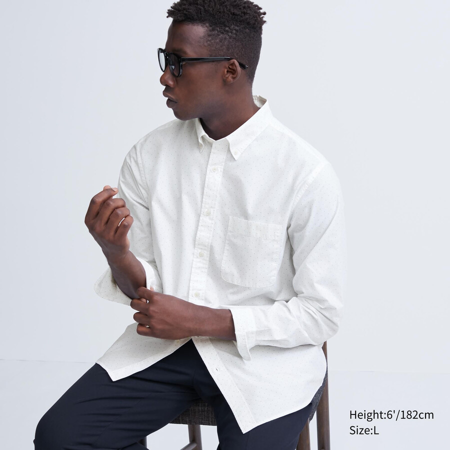 uniqlo herrenhemd aus extrafeinem baumwoll-broadcloth normale passform bedruckt button-down-kragen weiß