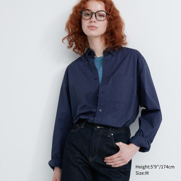 uniqlo herrenhemd aus extrafeinem baumwoll-broadcloth normale passform bedruckt button-down-kragen weiß