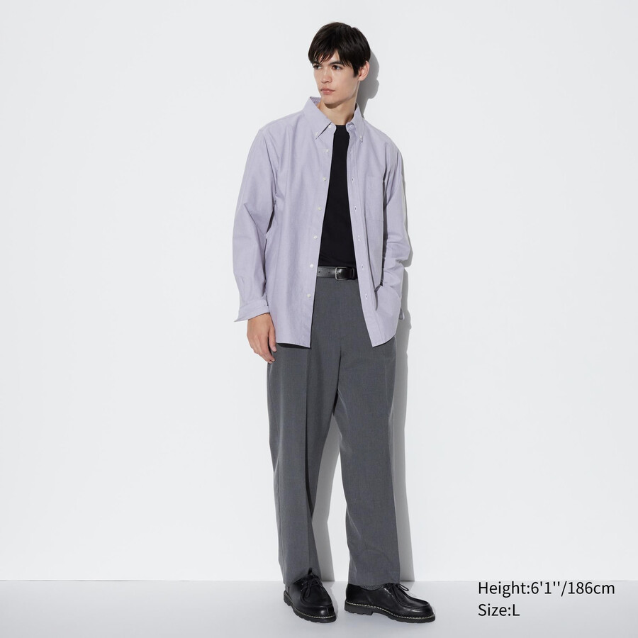 graue herren-hose von uniqlo mit bundfalten und weitem bein