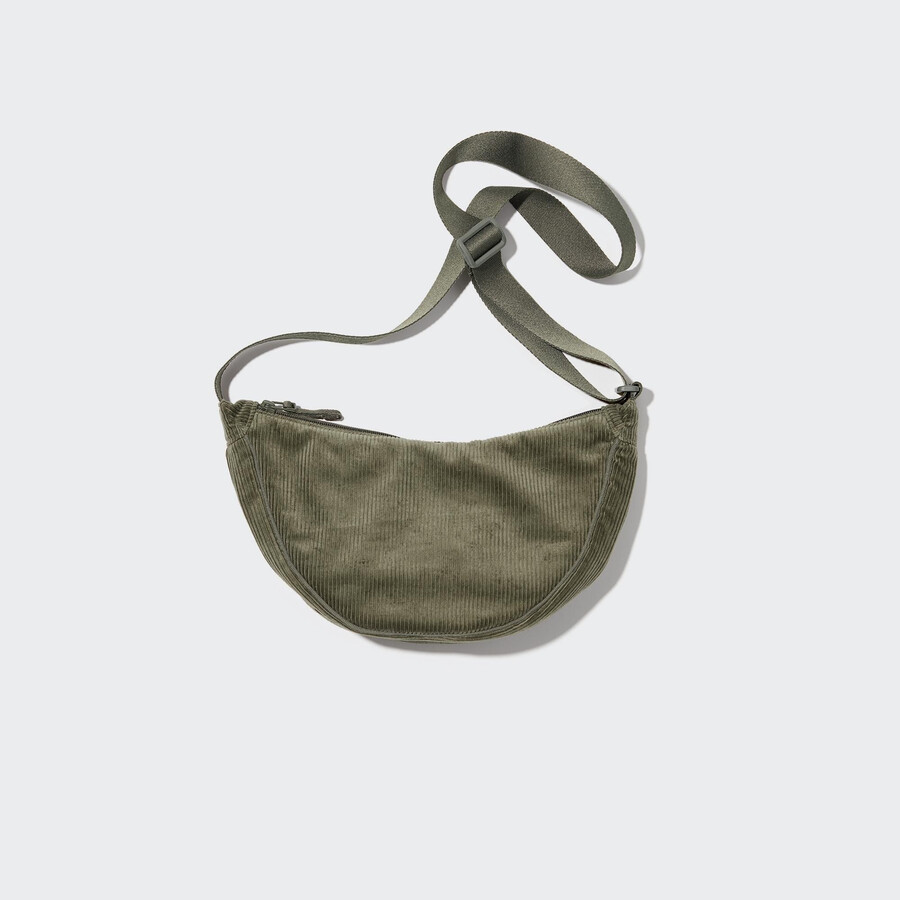 uniqlo mini-schultertasche in olivgrün rund aus cord damentaschen