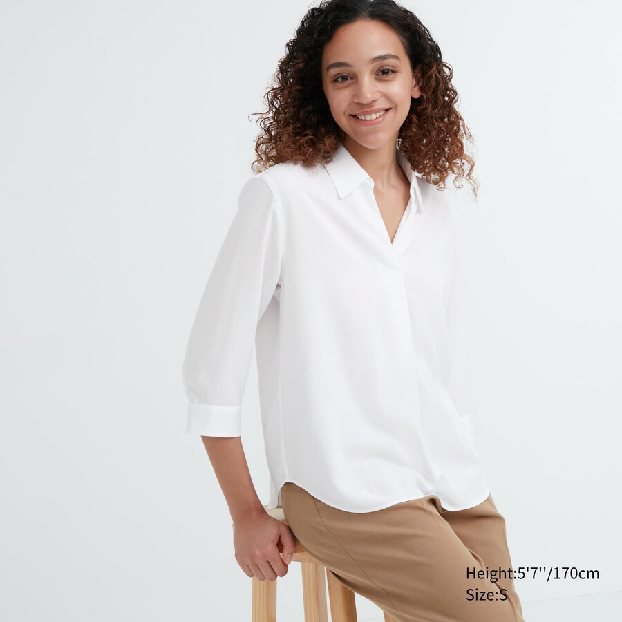 weiße uniqlo damenbluse aus viskose mit skipperkragen und 34 Ärmeln.