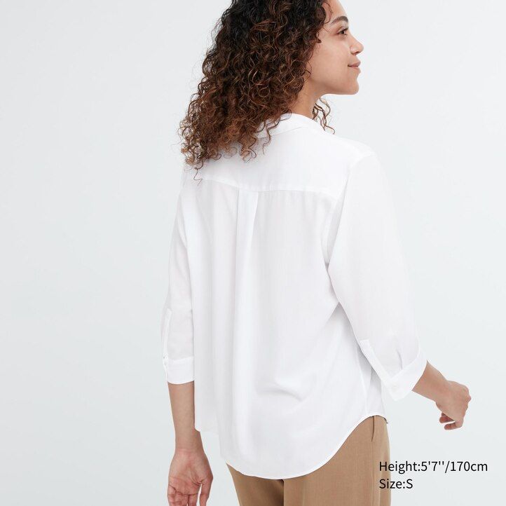 weiße uniqlo damenbluse aus viskose mit skipperkragen und 34 Ärmeln.