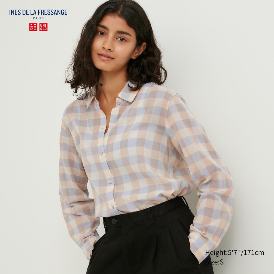 beige uniqlo damenbluse aus transparentem kariertem baumwollstoff