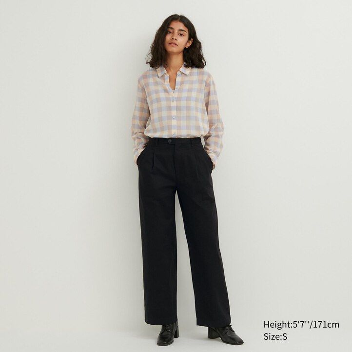 beige uniqlo damenbluse aus transparentem kariertem baumwollstoff