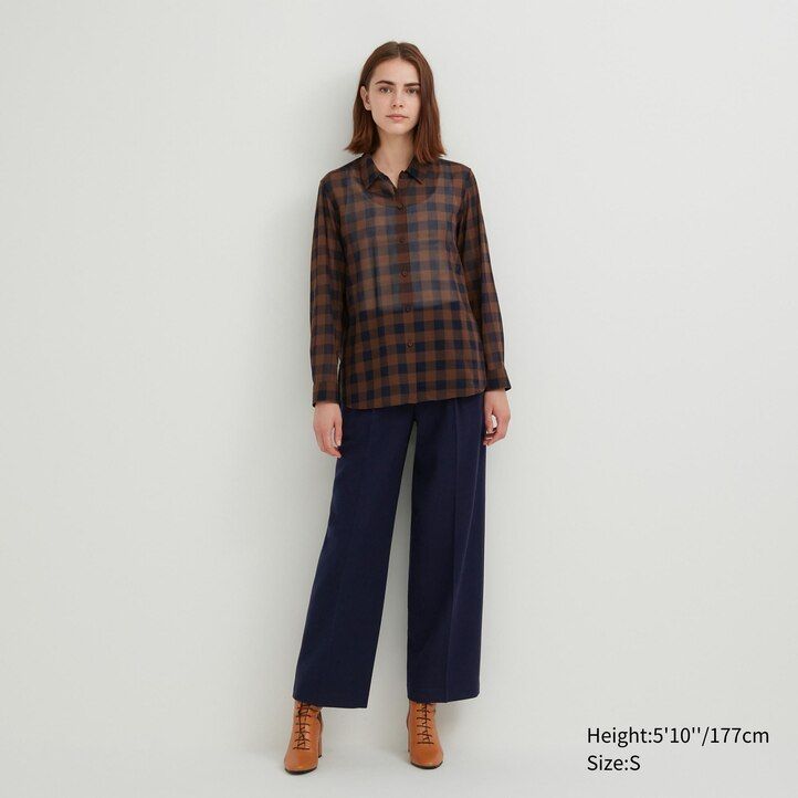 beige uniqlo damenbluse aus transparentem kariertem baumwollstoff