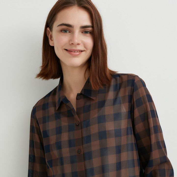 beige uniqlo damenbluse aus transparentem kariertem baumwollstoff