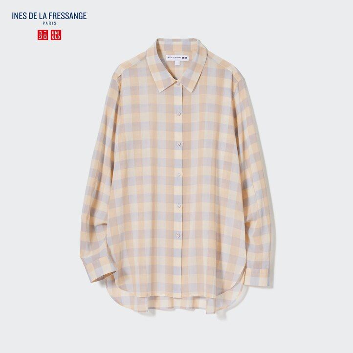 beige uniqlo damenbluse aus transparentem kariertem baumwollstoff