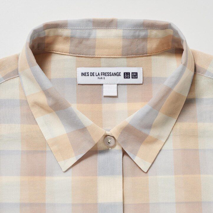 beige uniqlo damenbluse aus transparentem kariertem baumwollstoff