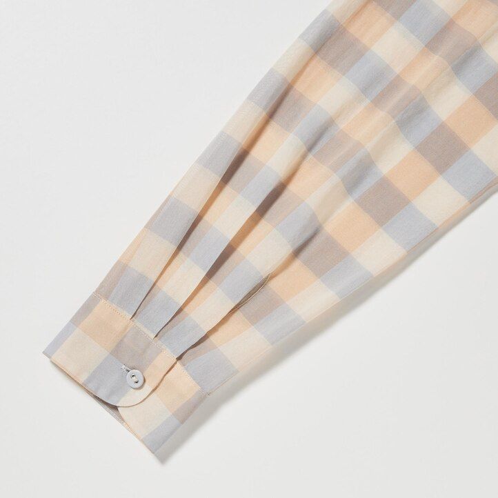 beige uniqlo damenbluse aus transparentem kariertem baumwollstoff