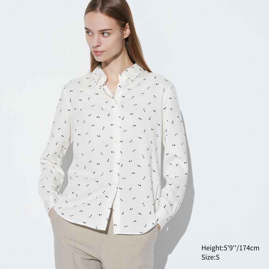 weiße uniqlo damenbluse aus viskose mit print und Ärmeln