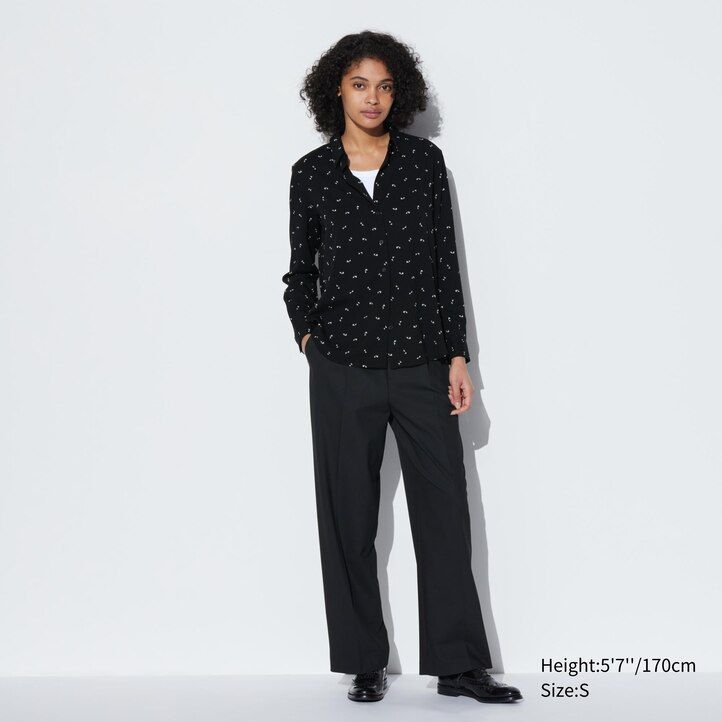 weiße uniqlo damenbluse aus viskose mit print und Ärmeln