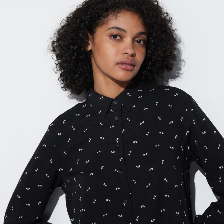 weiße uniqlo damenbluse aus viskose mit print und Ärmeln