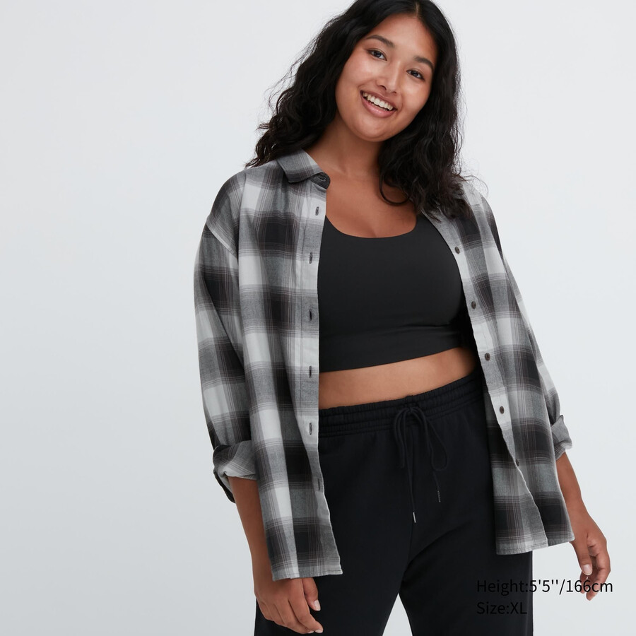 uniqlo damenbluse mit karomuster Ärmeln und weichem gebürstetem stoff grau
