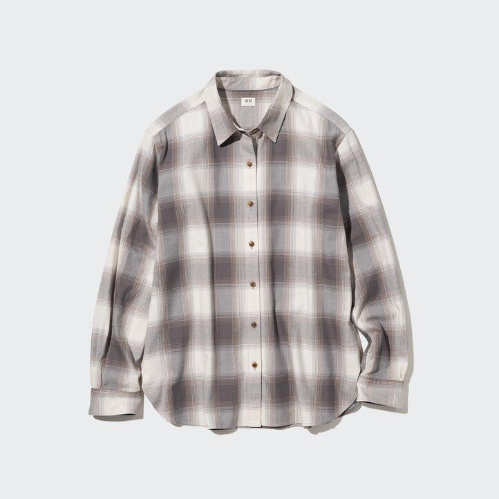 uniqlo damenbluse mit karomuster Ärmeln und weichem gebürstetem stoff grau