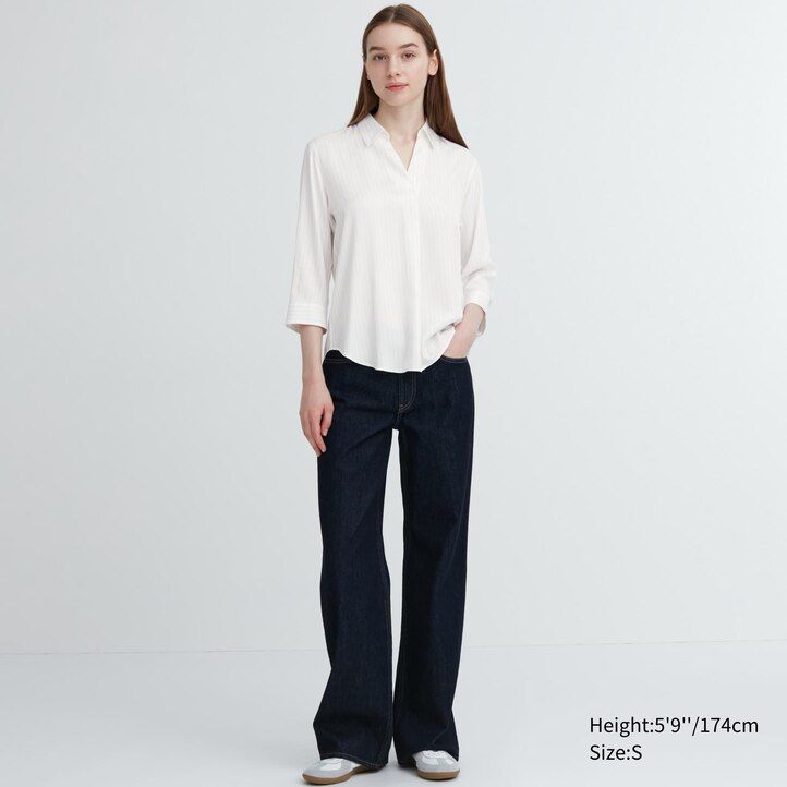 marineblaue uniqlo damenbluse aus viskose mit streifenmuster stehkragen und 34 Ärmeln