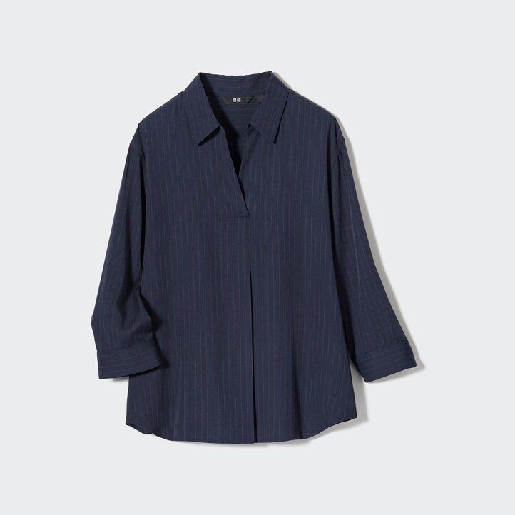 marineblaue uniqlo damenbluse aus viskose mit streifenmuster stehkragen und 34 Ärmeln