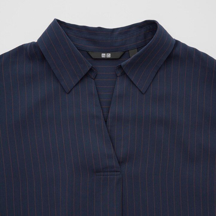 marineblaue uniqlo damenbluse aus viskose mit streifenmuster stehkragen und 34 Ärmeln