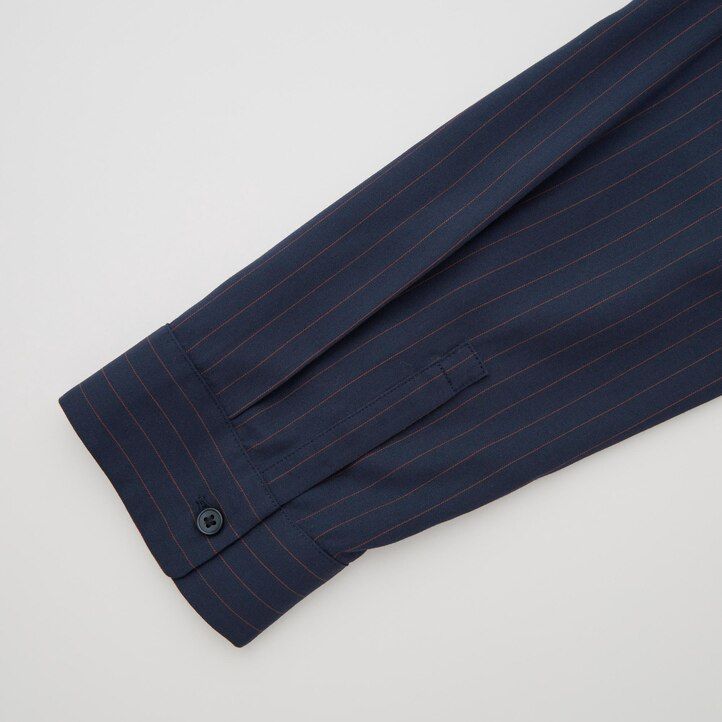 marineblaue uniqlo damenbluse aus viskose mit streifenmuster stehkragen und 34 Ärmeln