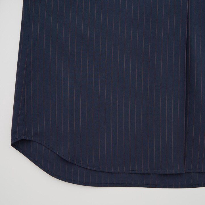 marineblaue uniqlo damenbluse aus viskose mit streifenmuster stehkragen und 34 Ärmeln