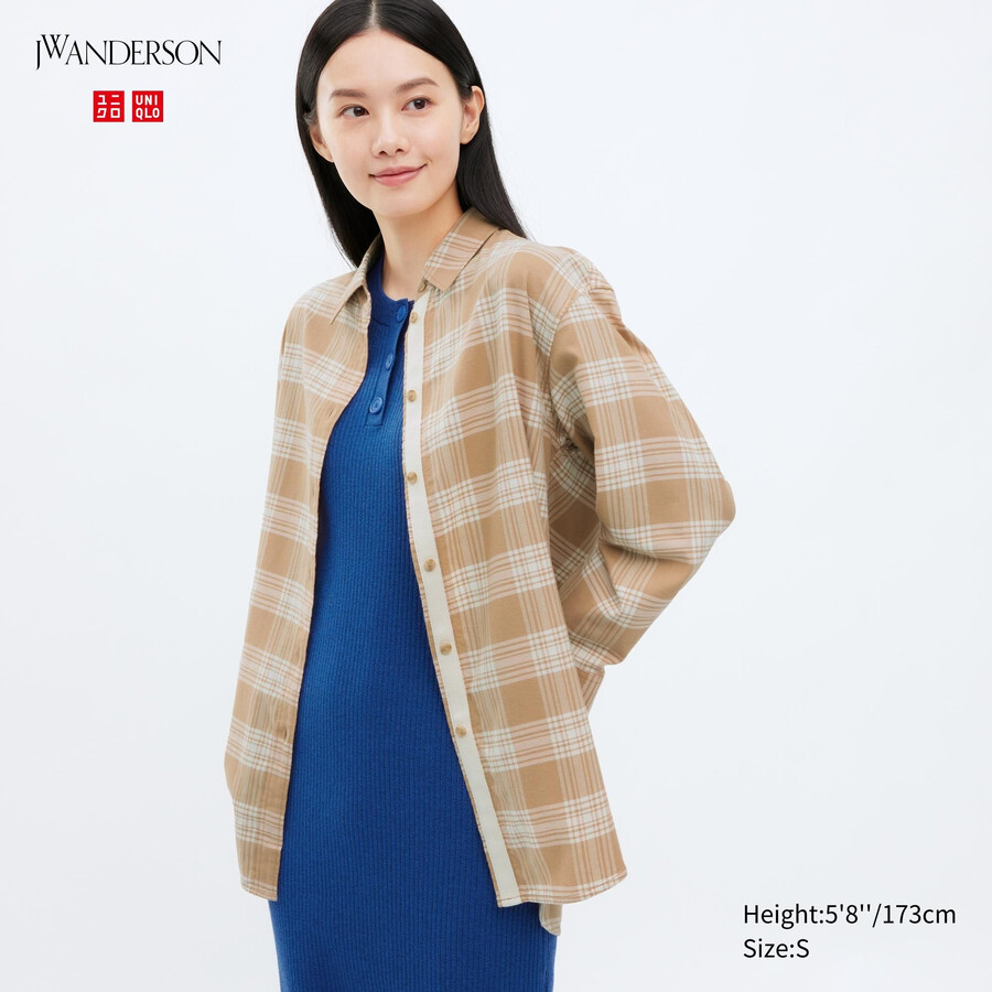 uniqlo flanellbluse mit karomuster damen beige