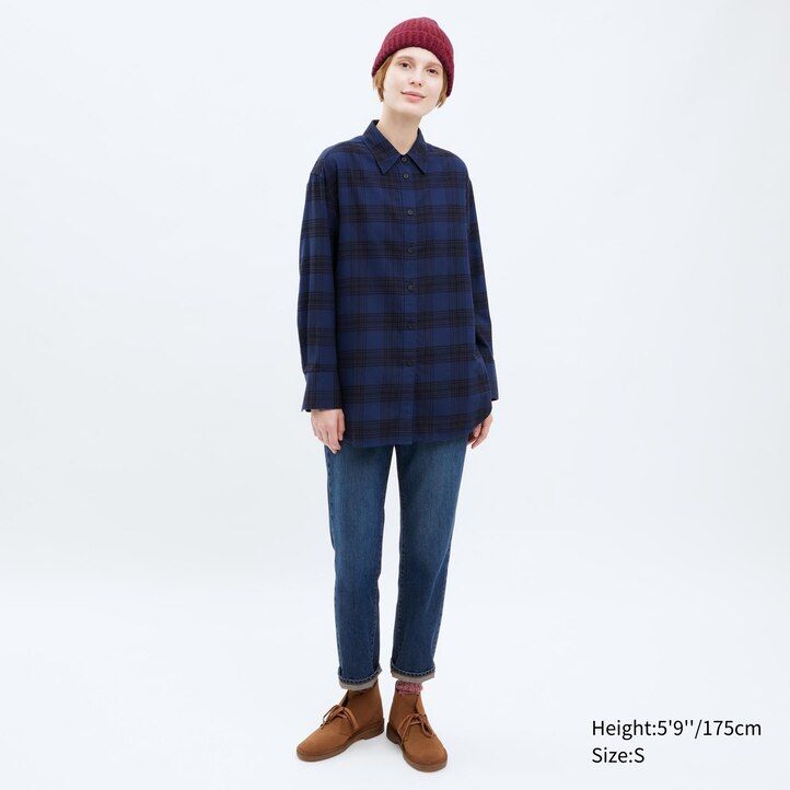 uniqlo flanellbluse mit karomuster damen beige
