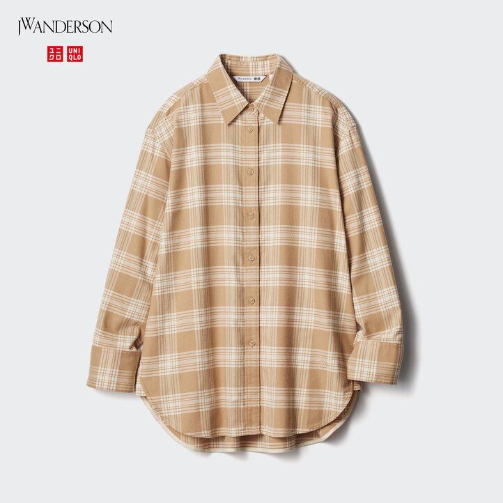 uniqlo flanellbluse mit karomuster damen beige