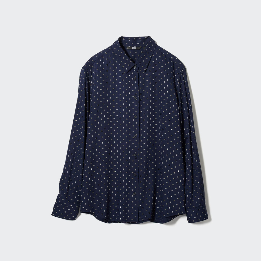 marineblaue uniqlo damenbluse aus viskose mit print und Ärmeln