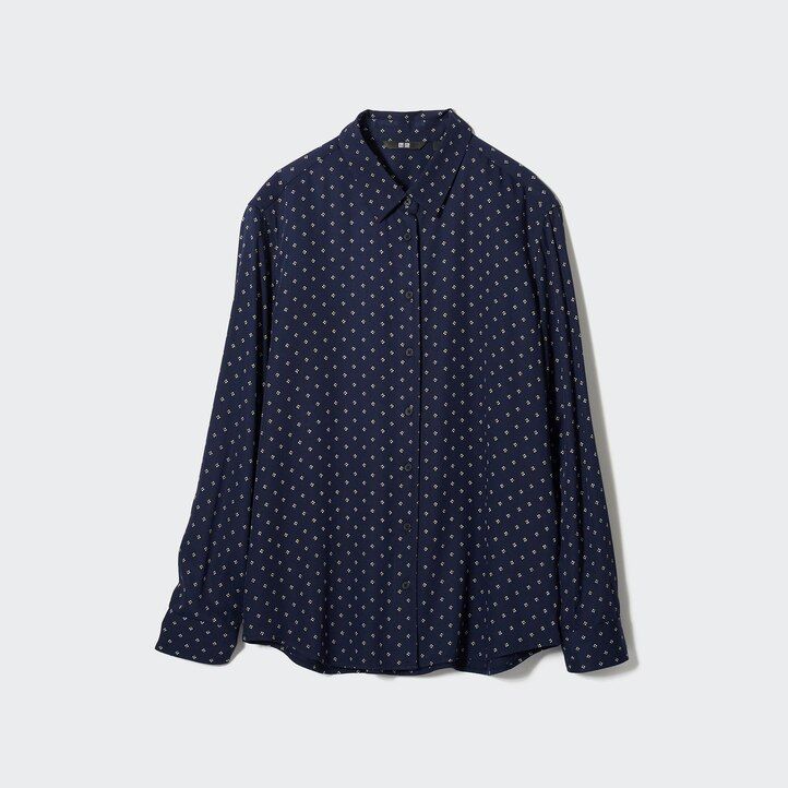 marineblaue uniqlo damenbluse aus viskose mit print und Ärmeln