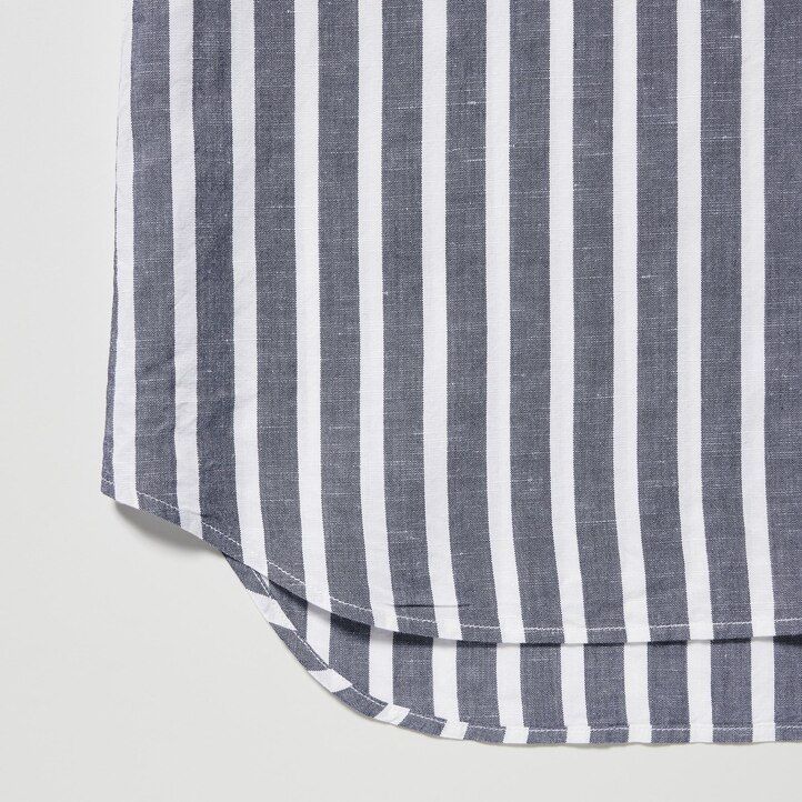 uniqlo damenbluse aus leinenmischgewebe mit streifenmuster offenem kragen und Ärmeln hellblau