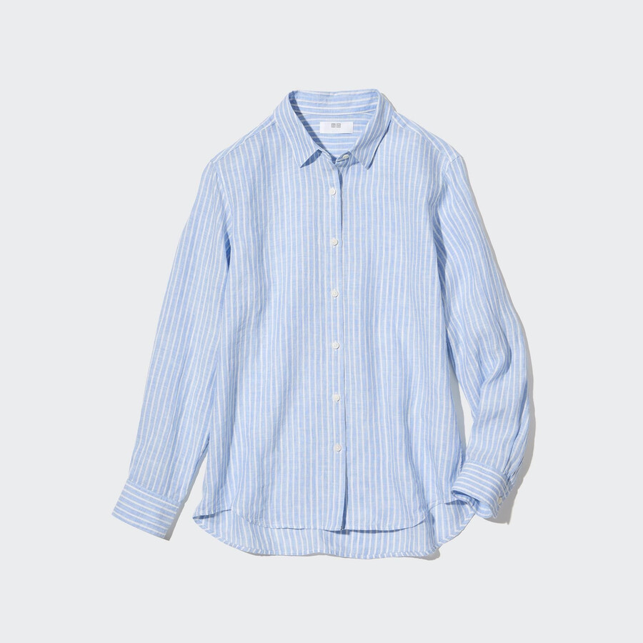 damenbluse von uniqlo aus 100 premium-leinen mit streifenmuster und Ärmeln hellblau