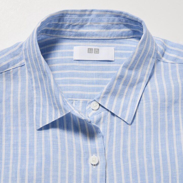 damenbluse von uniqlo aus 100 premium-leinen mit streifenmuster und Ärmeln hellblau