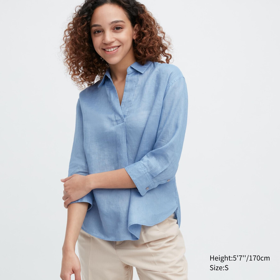 uniqlo damenbluse aus 100 premium-leinen mit skipperkragen und 34 Ärmeln blau