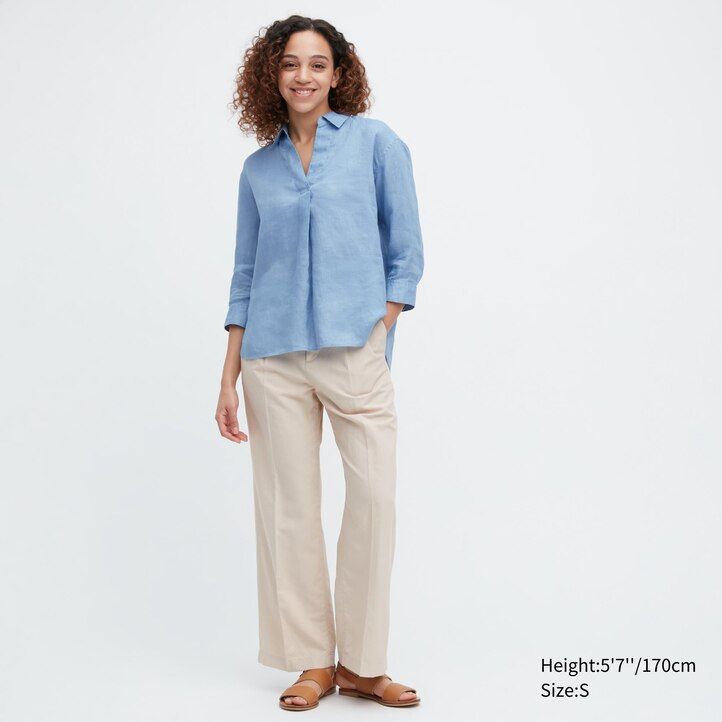 uniqlo damenbluse aus 100 premium-leinen mit skipperkragen und 34 Ärmeln blau