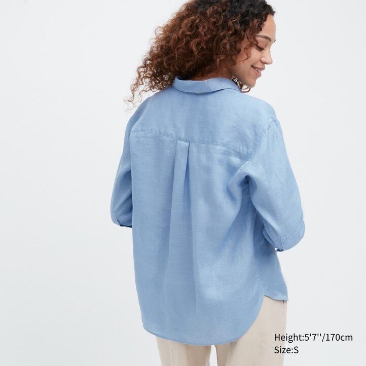 uniqlo damenbluse aus 100 premium-leinen mit skipperkragen und 34 Ärmeln blau