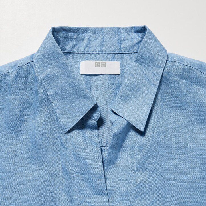 uniqlo damenbluse aus 100 premium-leinen mit skipperkragen und 34 Ärmeln blau